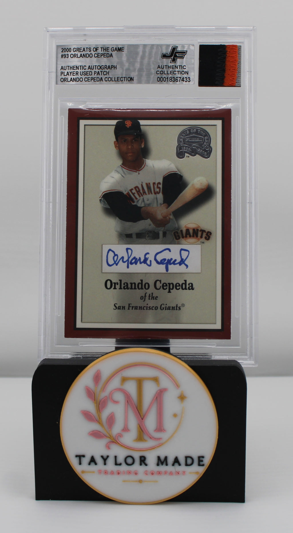 2000 Fleer Greats of the Game #93 Orlando Cepeda Autograph Player Used Patch JF Authentic - Card front with blue ink auto and patch