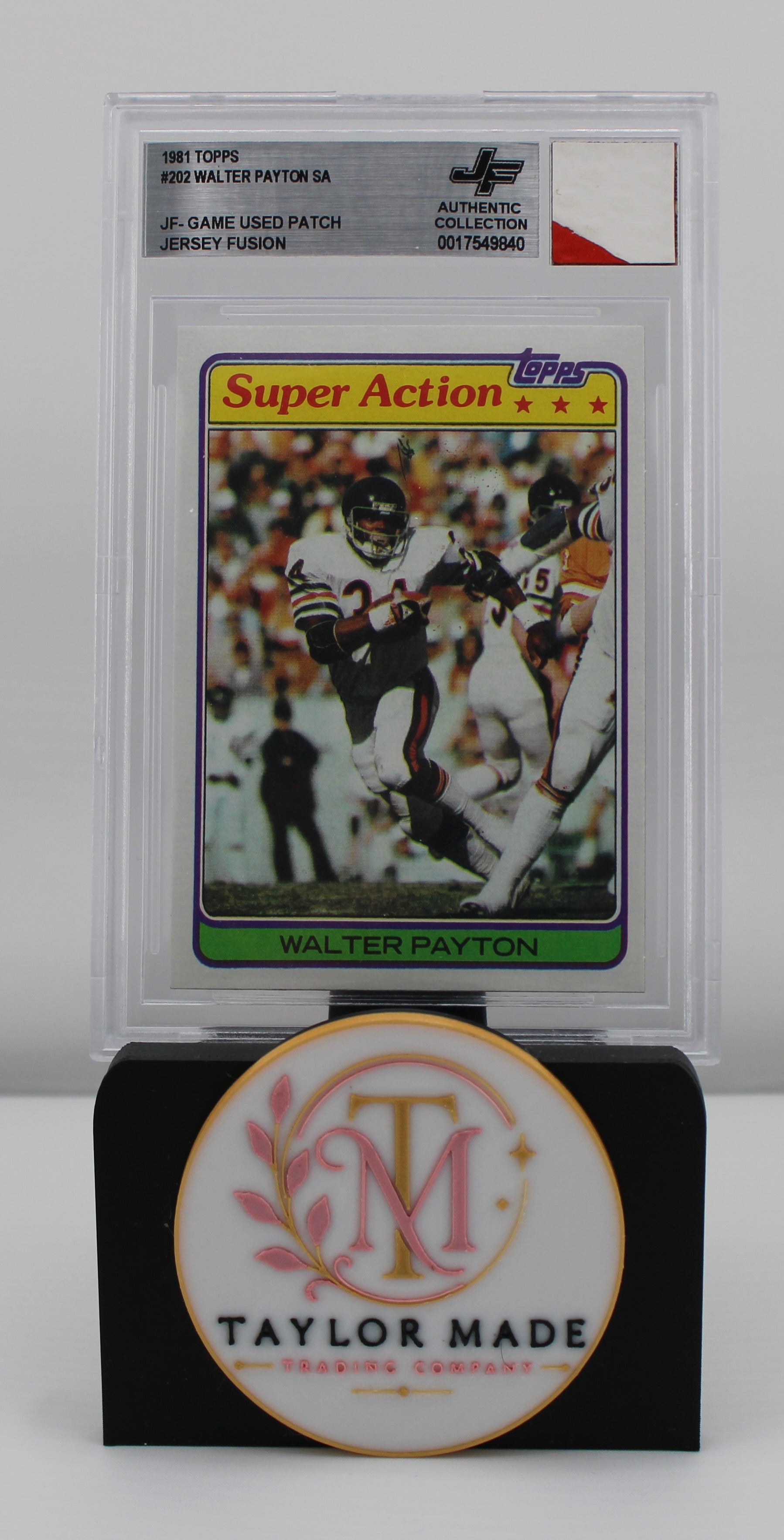 1981 Topps #202 Walter Payton Super Action JF Game Used Patch Jersey Fusion - Card front with white/red patch swatch