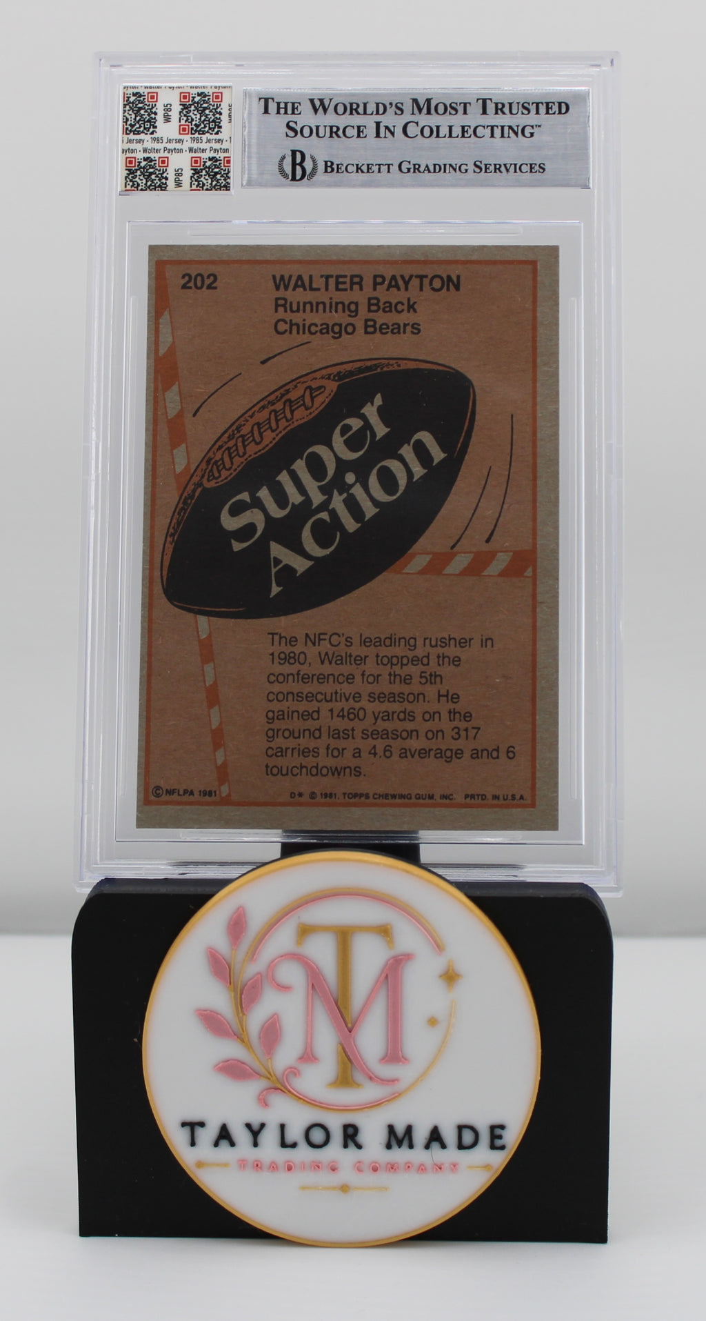 1981 Topps #202 Walter Payton Super Action JF Game Used Patch Jersey Fusion - Card back with Beckett label and 1980 stats