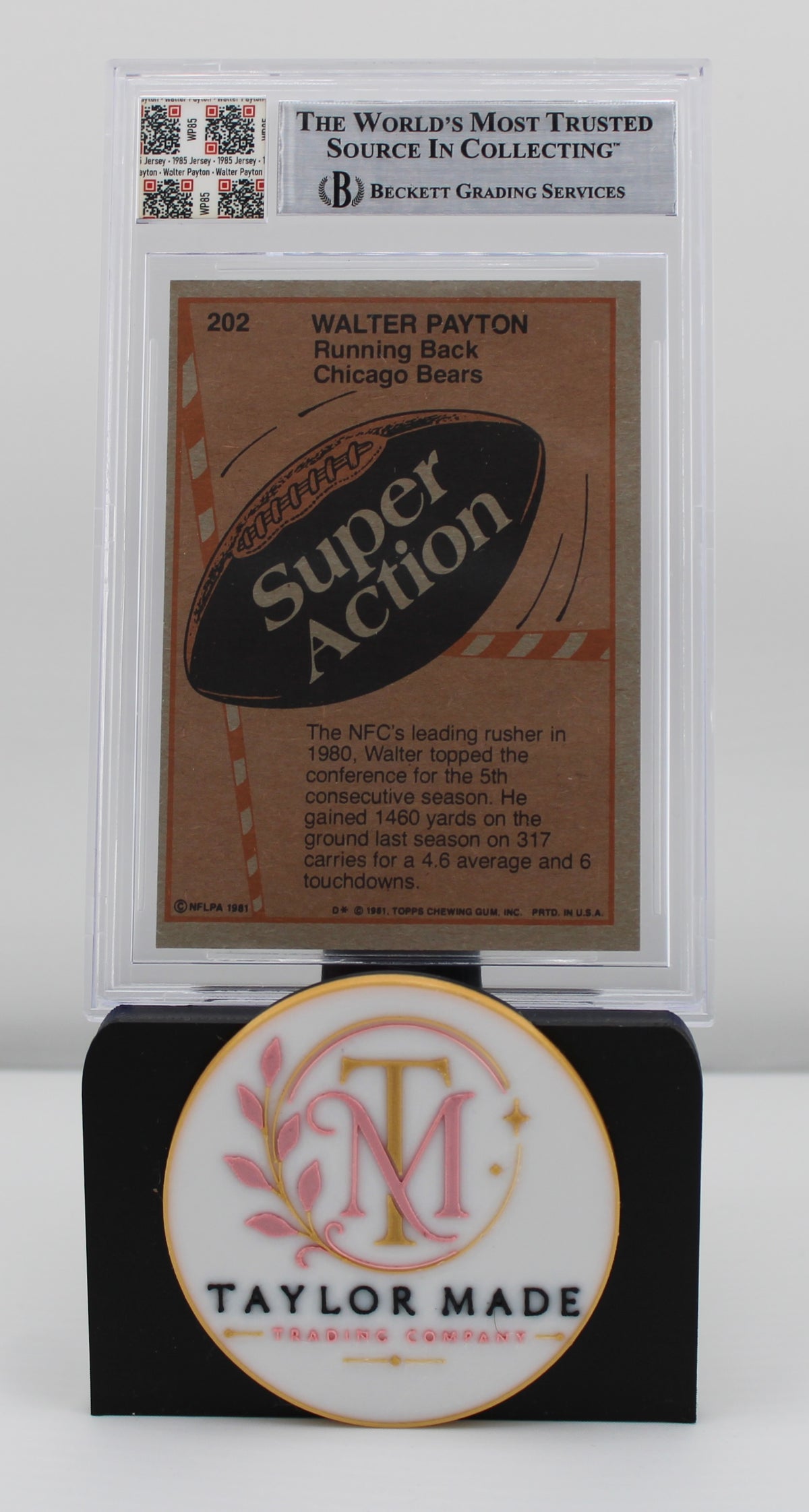 1981 Topps #202 Walter Payton Super Action JF Game Used Patch Jersey Fusion - Card back with Beckett label and 1980 stats