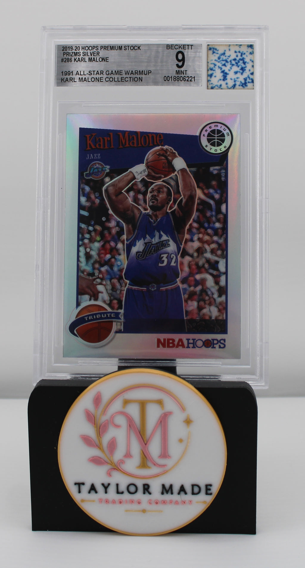 2019-20 Hoops Premium Stock #286 Karl Malone Prizms Silver 1991 All-Star Warmup Relic BGS 9 - Card front