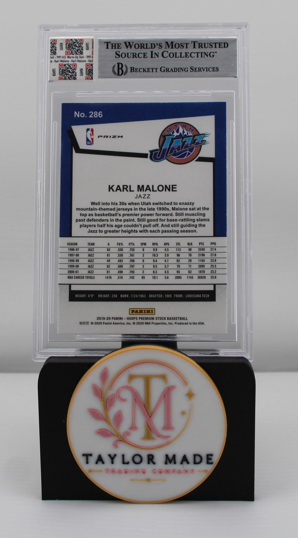 2019-20 Hoops Premium Stock #286 Karl Malone Prizms Silver 1991 All-Star Warmup Relic BGS 9 - Card back with career stats