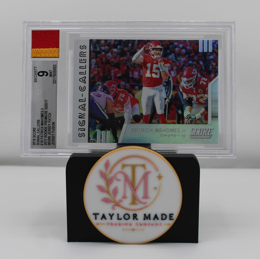 2019 Score #SC-18 Patrick Mahomes II Signal Callers Rookie Premiere Patch BGS 9 - Card front with red/gold patch swatch