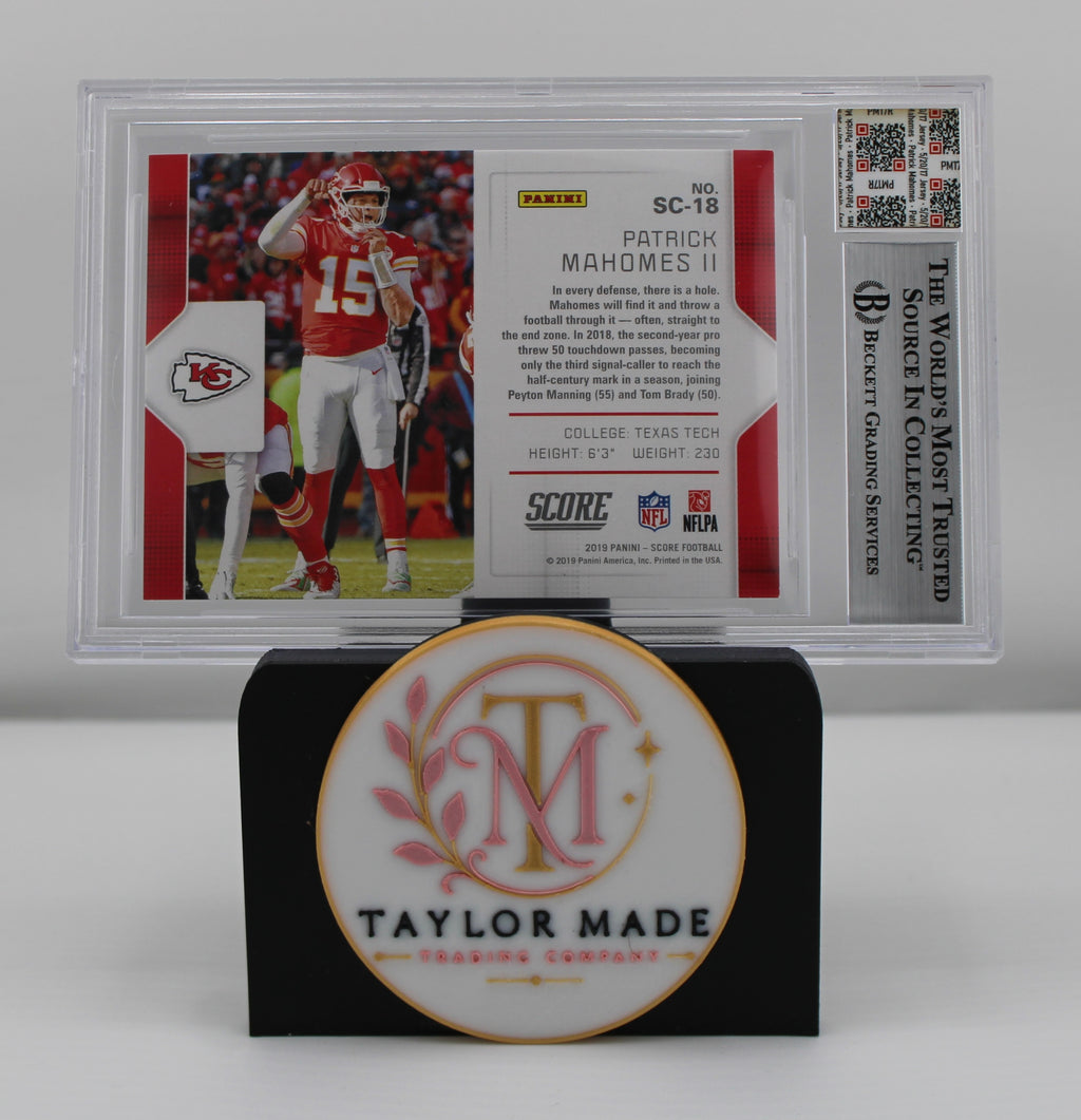 2019 Score #SC-18 Patrick Mahomes II Signal Callers Rookie Premiere Patch BGS 9 - Card back with stats and BGS label