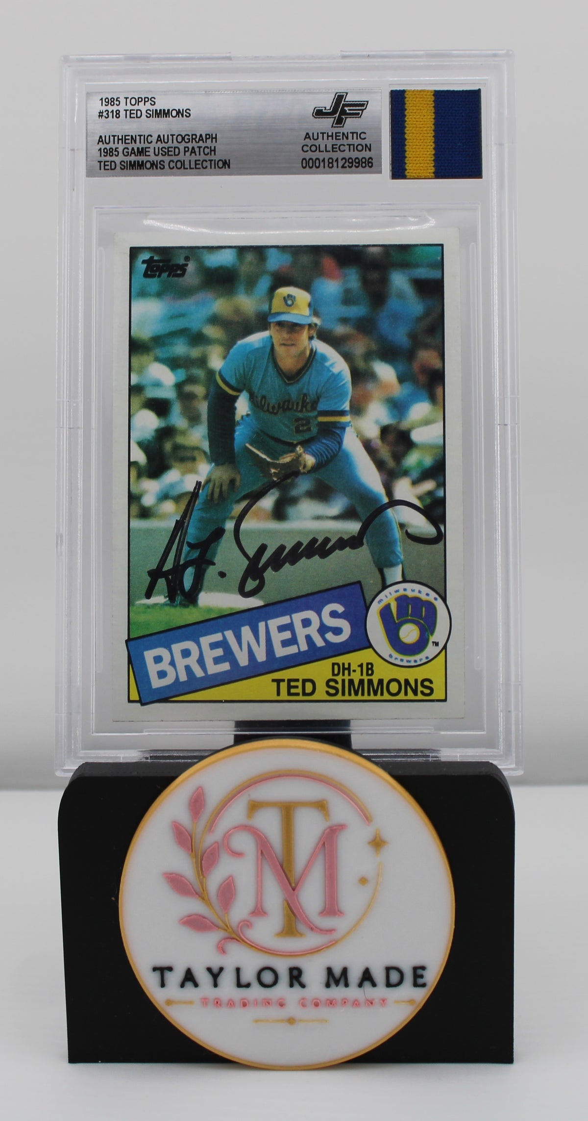 1985 Topps #318 Ted Simmons Autograph Game Used Patch JF Authentic - Card front with auto and patch swatch