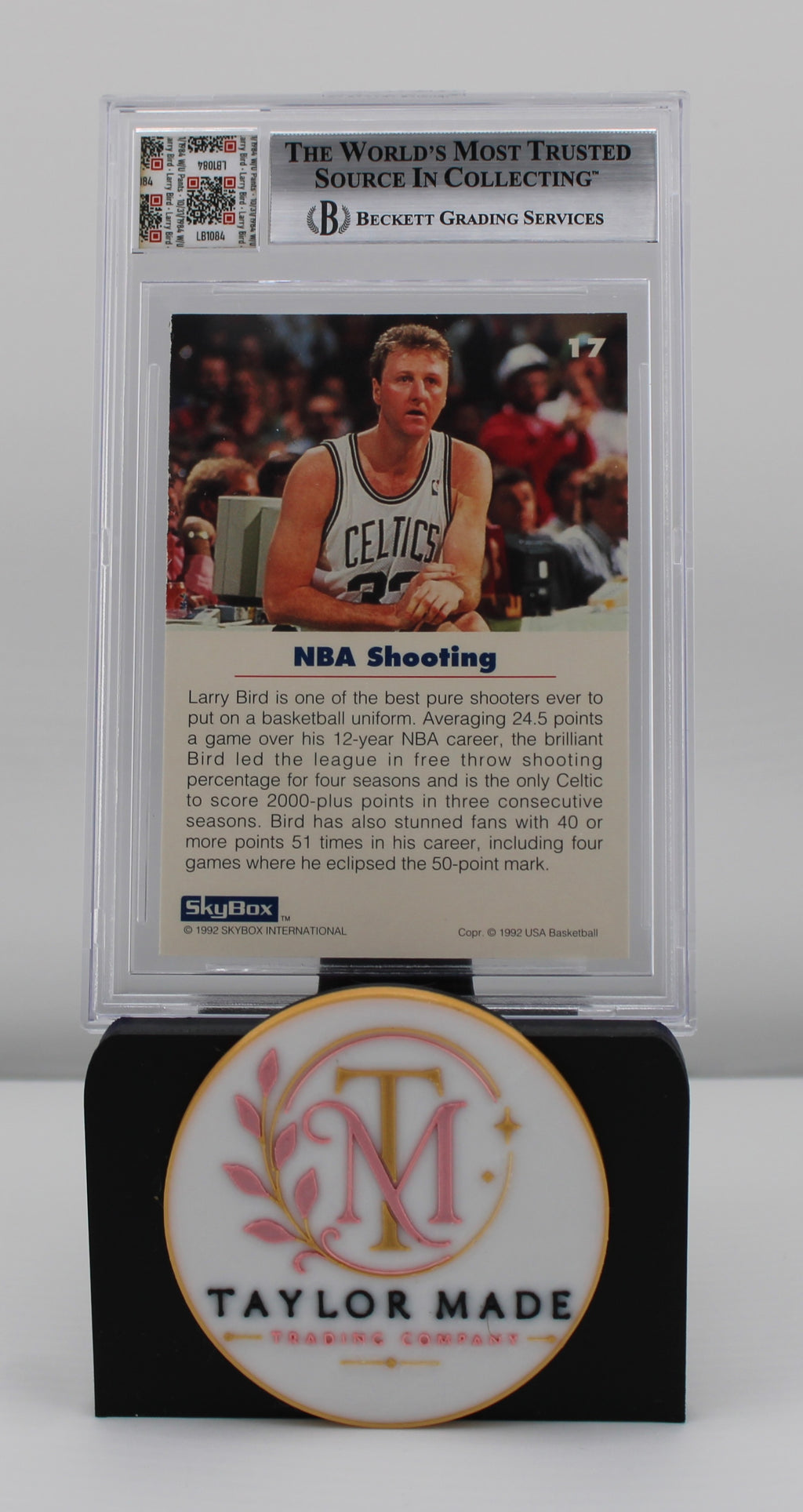 1992 Skybox USA #17 Larry Bird 1984 Game Worn Pants Photo Matched JF Authentic - Card back with Beckett label and bio
