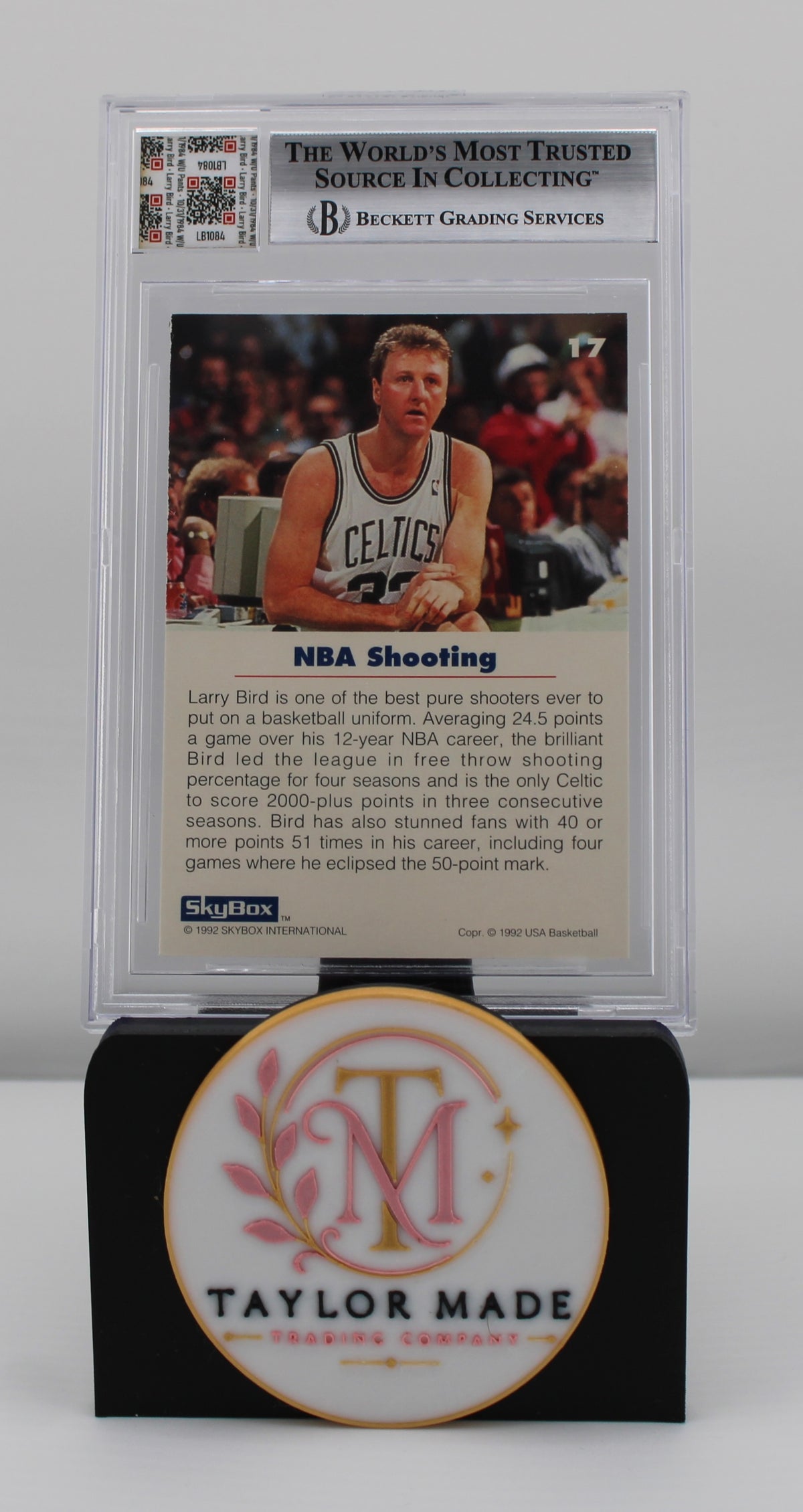 1992 Skybox USA #17 Larry Bird 1984 Game Worn Pants Photo Matched JF Authentic - Card back with Beckett label and bio