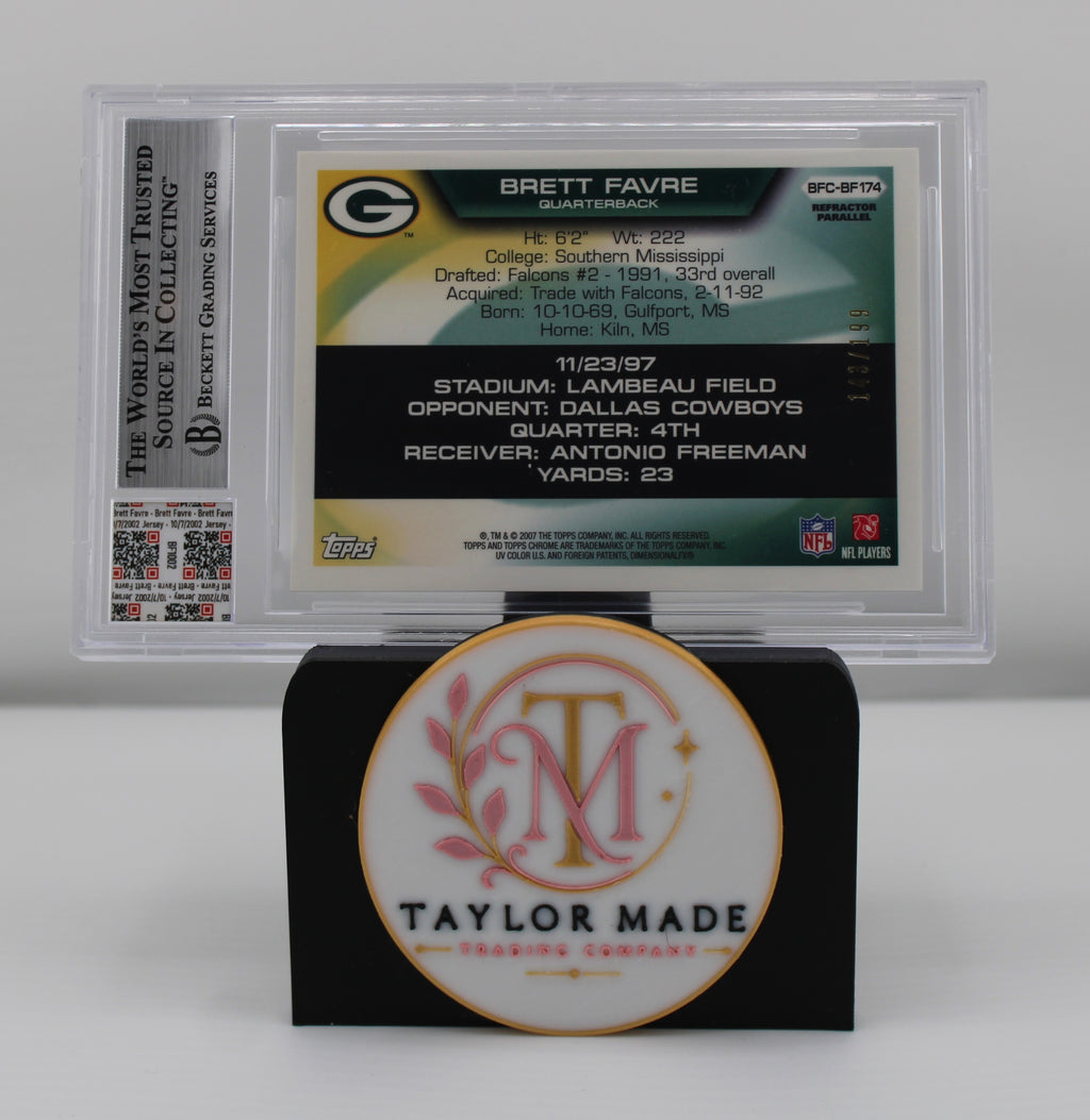2007 Topps Chrome #BFC-BF174 Brett Favre Flight to 420 Refractor Game Used Jersey BGS 9 /99 - Card back with TD details and bio
