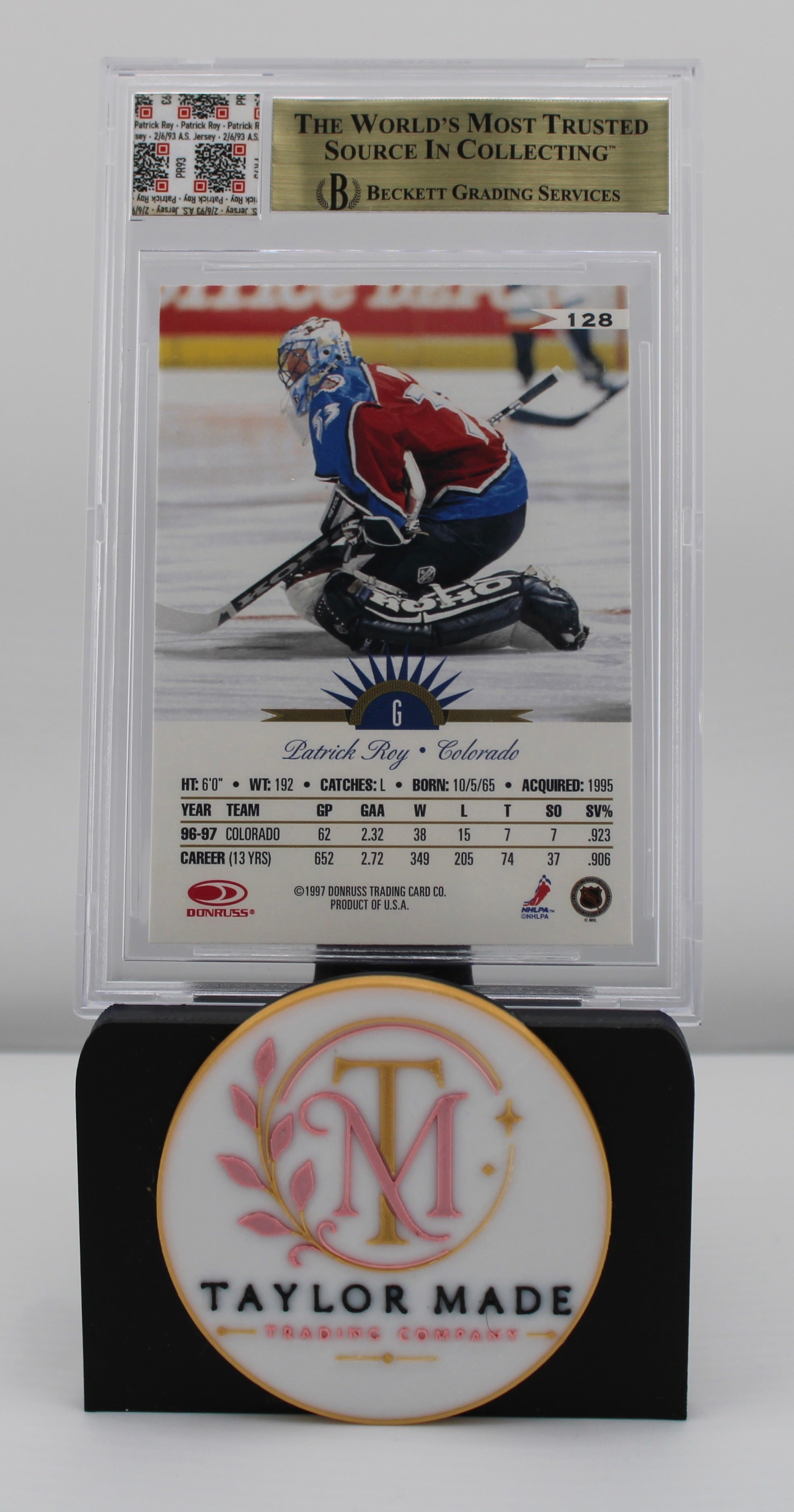 1997-98 Leaf International #128 Patrick Roy All Star Jersey Collection BGS 9.5 - Card back with career stats