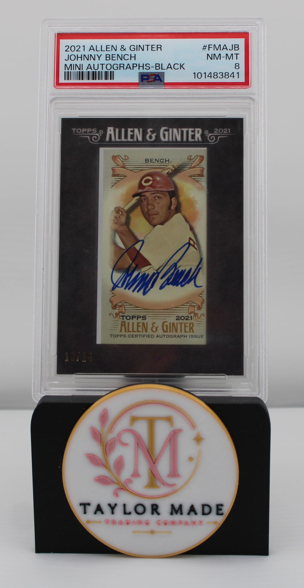 2021 Allen & Ginter #FMA-JB Johnny Bench Mini Auto Black PSA 8 /25 - Card front with blue ink autograph