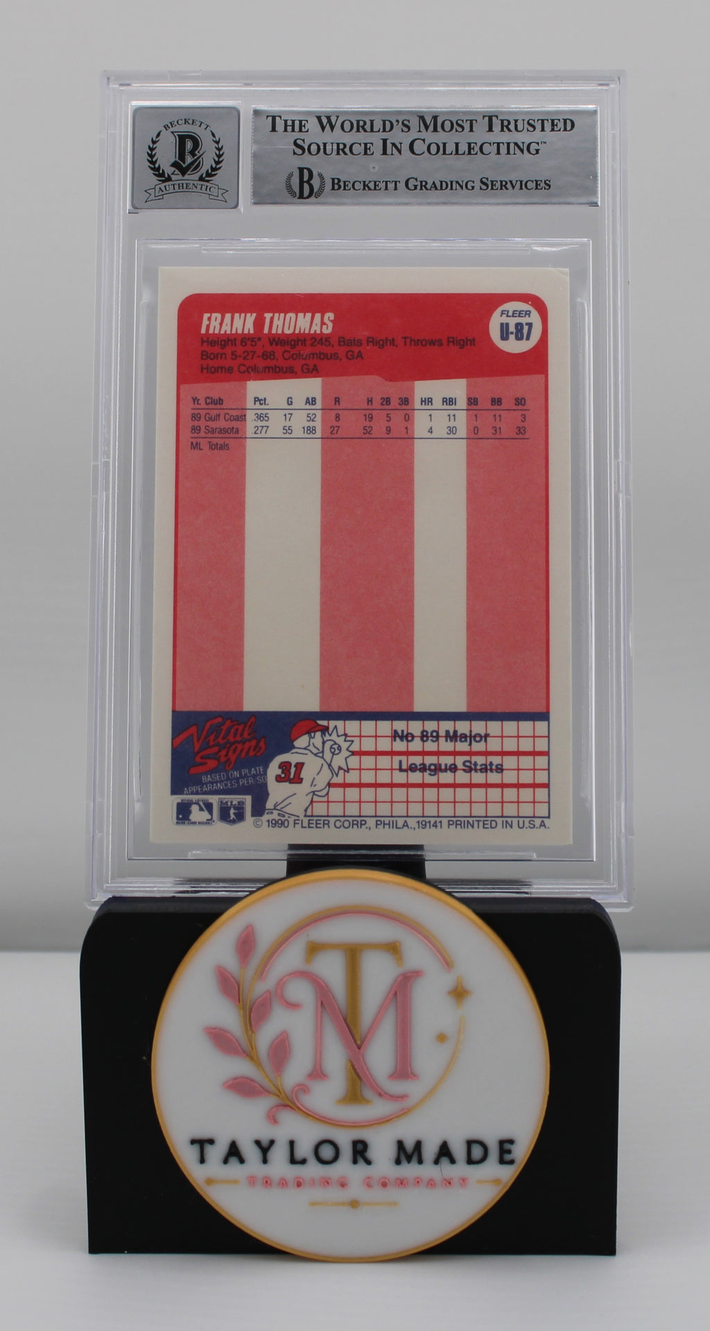 1990 Fleer Update #U-87 Frank Thomas Autograph Beckett 10 - Card back with minor league stats