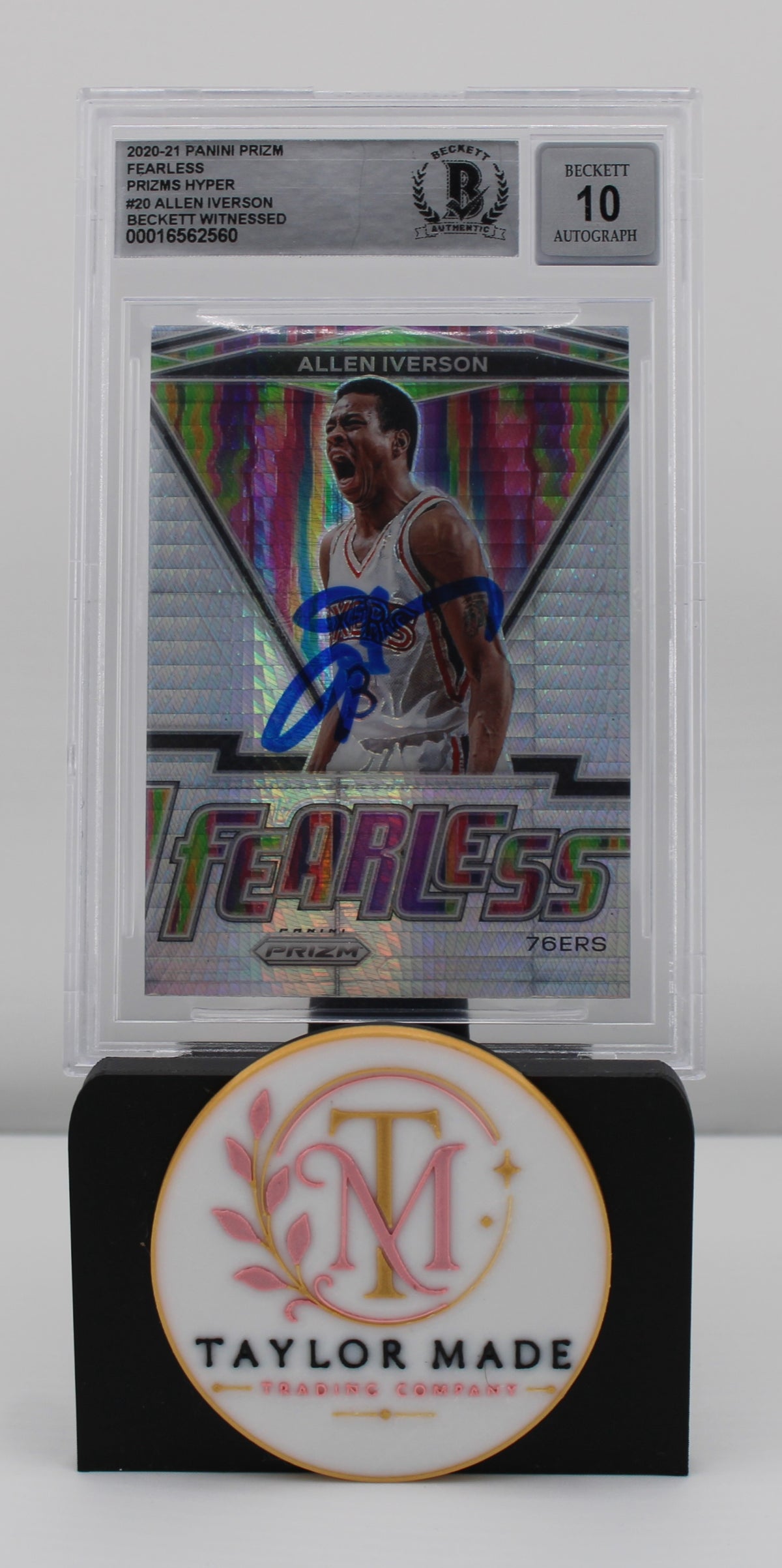 2020-21 Panini Prizm #20 Allen Iverson Fearless Hyper Prizm Auto Beckett 10 - Card front with blue ink autograph
