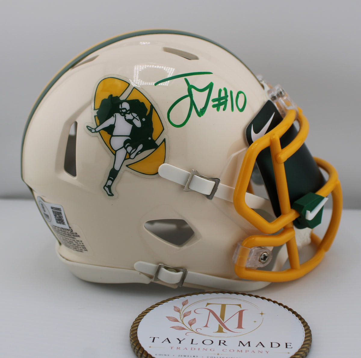 Jordan Love #10 Signed Packers Salute to Service Mini Helmet BAS - Left side view with Running Man logo and green ink autograph