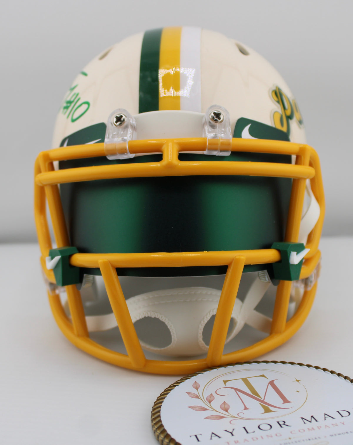 Jordan Love #10 Signed Packers Salute to Service Mini Helmet BAS - Front view with gold facemask and green visor