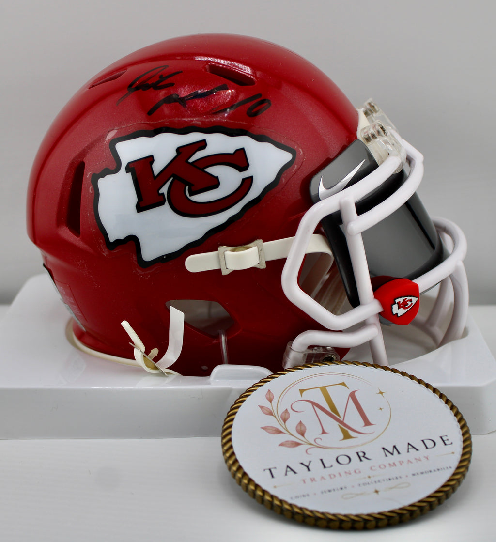 Patrick Mahomes #10 Autographed Chiefs Riddell Speed Mini Helmet BAS PIA - Left side view with black ink autograph and KC arrowhead