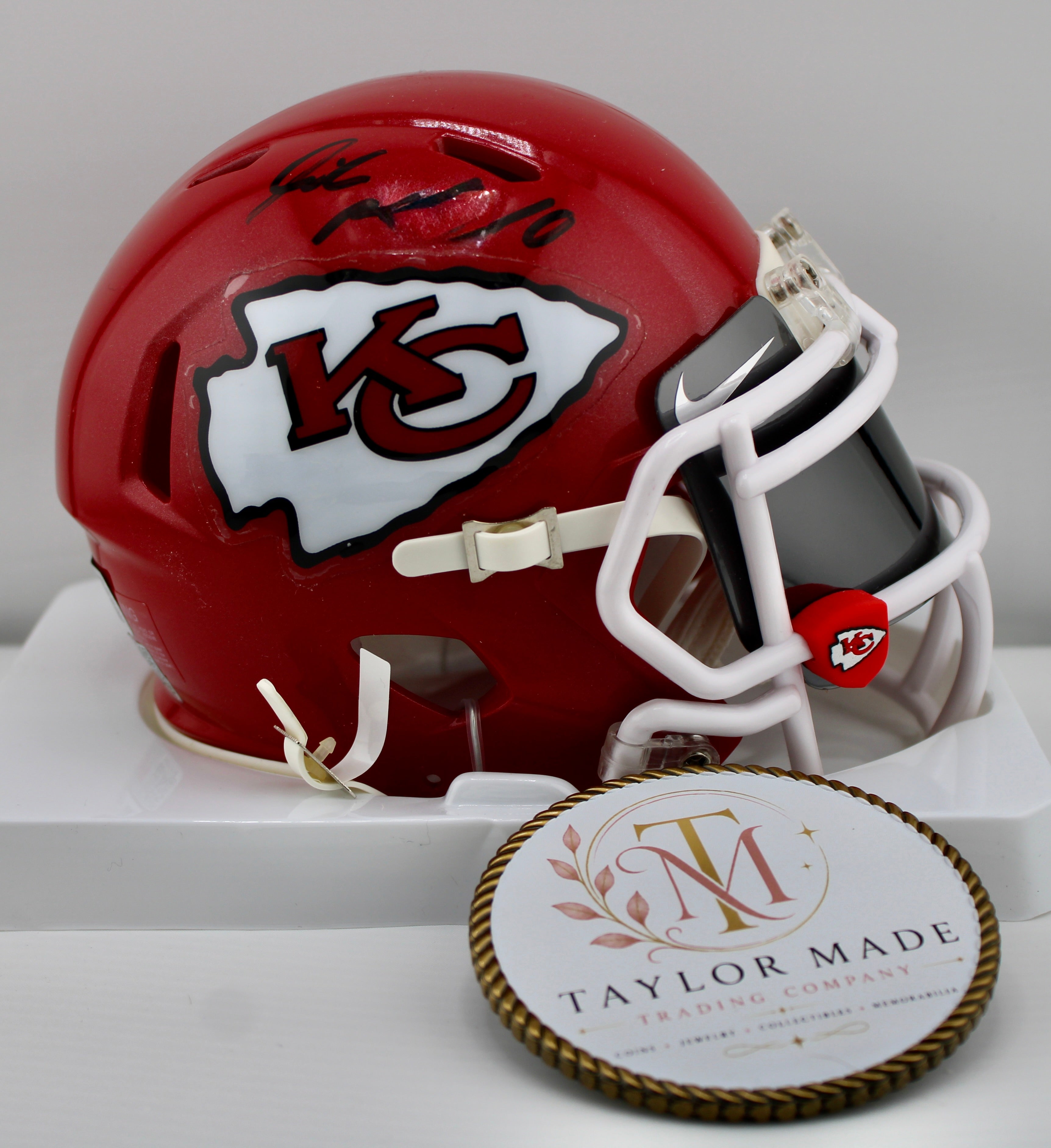 Patrick Mahomes #10 Autographed Chiefs Riddell Speed Mini Helmet BAS PIA - Left side view with black ink autograph and KC arrowhead