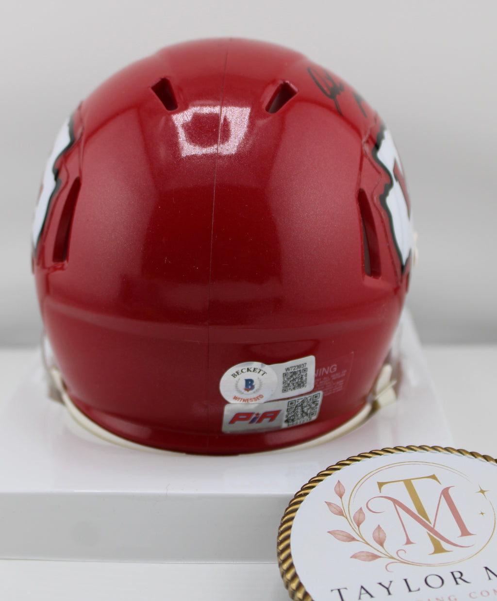 Patrick Mahomes #10 Autographed Chiefs Riddell Speed Mini Helmet BAS PIA - Back view with Beckett and PIA authentication stickers