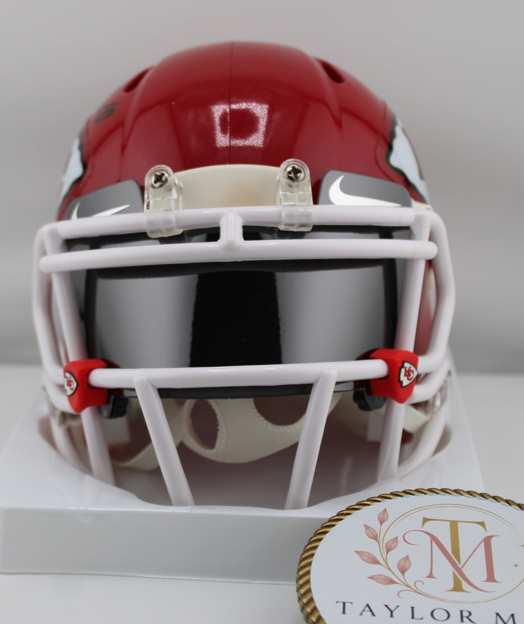 Patrick Mahomes #10 Autographed Chiefs Riddell Speed Mini Helmet BAS PIA - Front view with white facemask and silver mirrored visor
