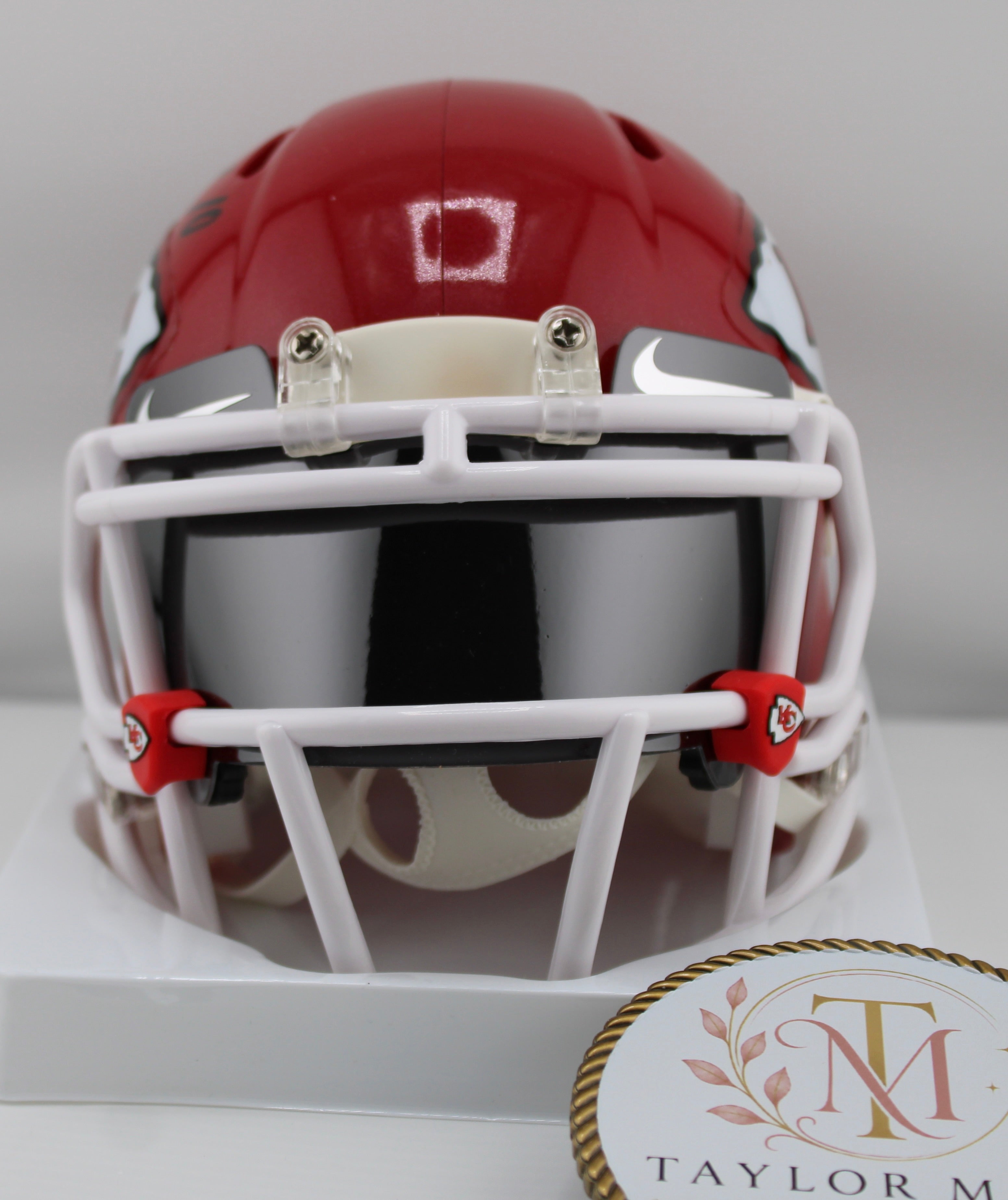Patrick Mahomes #10 Autographed Chiefs Riddell Speed Mini Helmet BAS PIA - Front view with white facemask and silver mirrored visor
