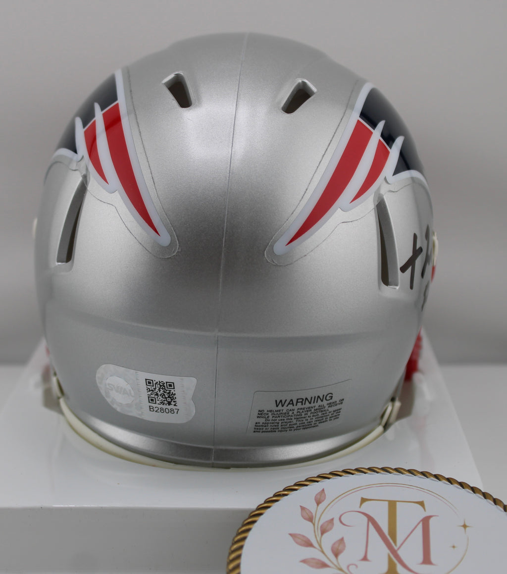 Treveyon Henderson #32 Autographed Patriots Riddell Speed Mini Helmet BAS - Back view with Beckett cert #B28087 sticker