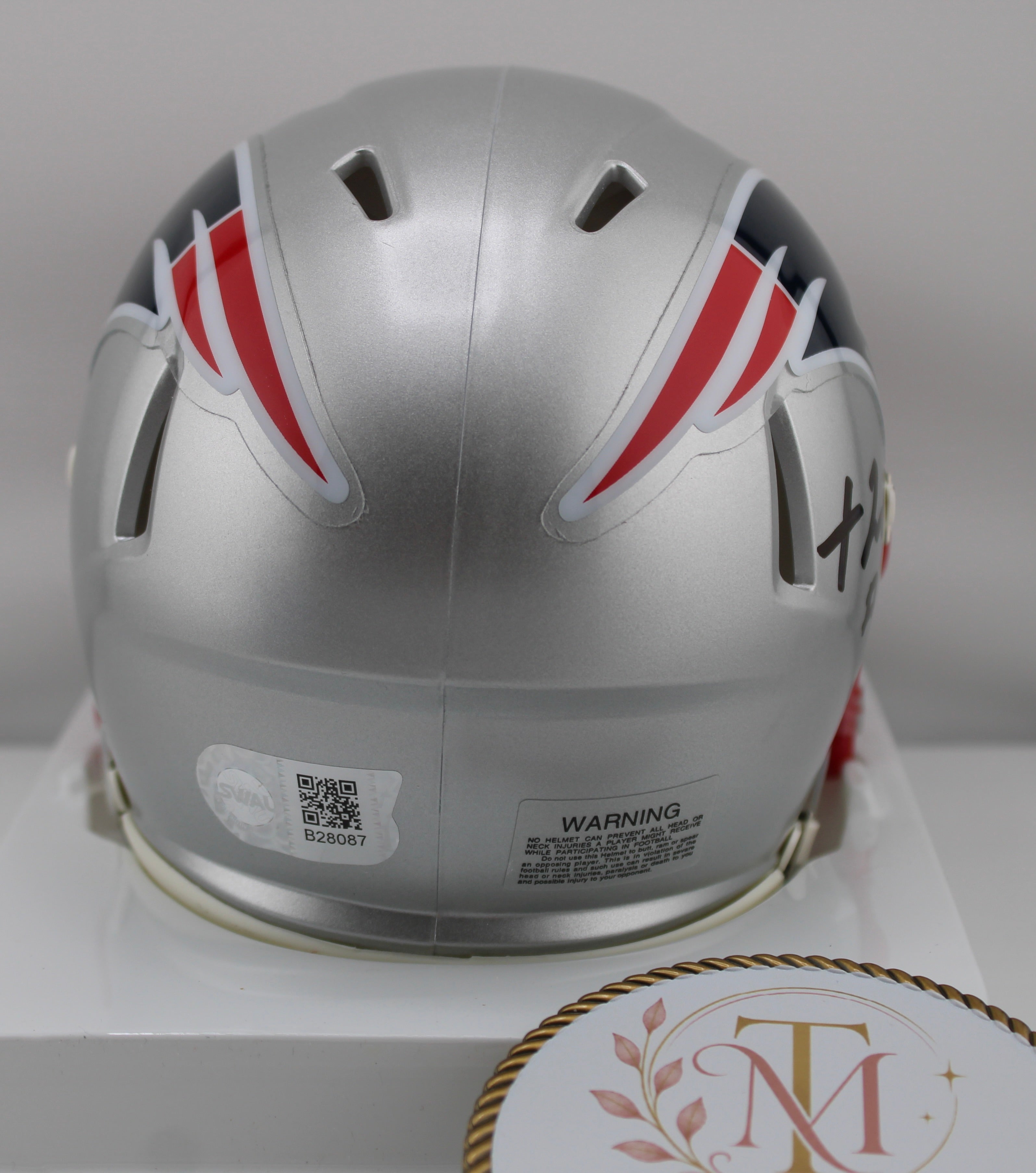 Treveyon Henderson #32 Autographed Patriots Riddell Speed Mini Helmet BAS - Back view with Beckett cert #B28087 sticker
