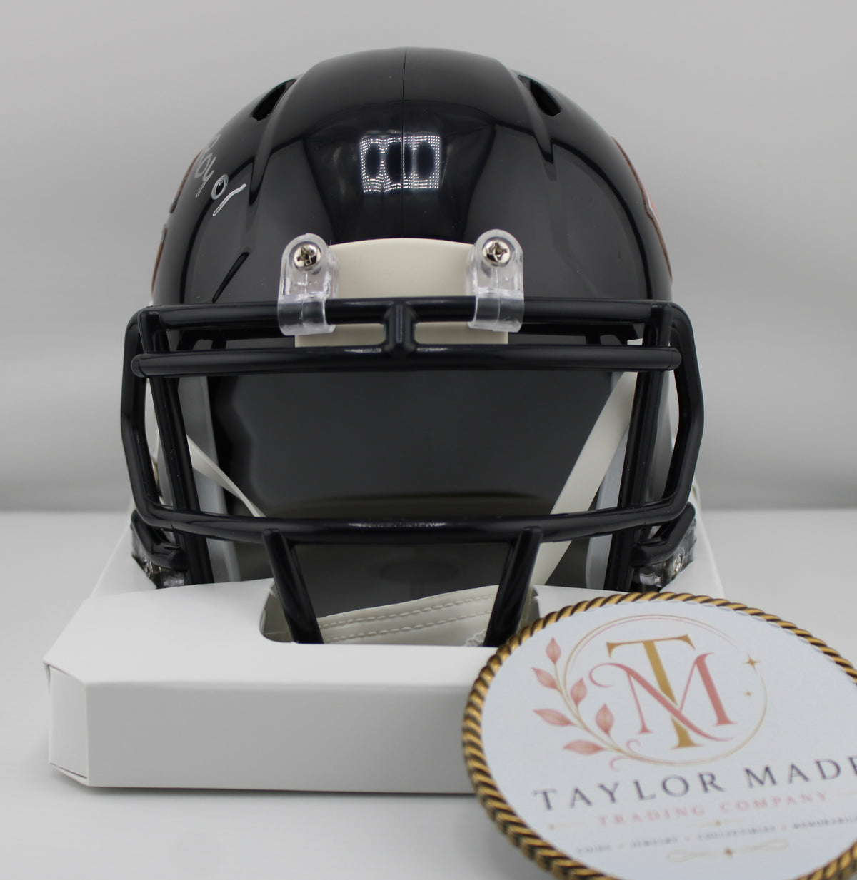 Anthony Thomas #35 Autographed Chicago Bears Riddell Speed Black Mini Helmet ROY 01 - Front view with matte black facemask and smoke visor