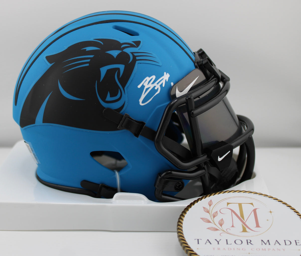 Bryce Young Autographed Carolina Panthers Riddell Speed Eclipse Mini Helmet - Left side with white ink autograph over Panther logo