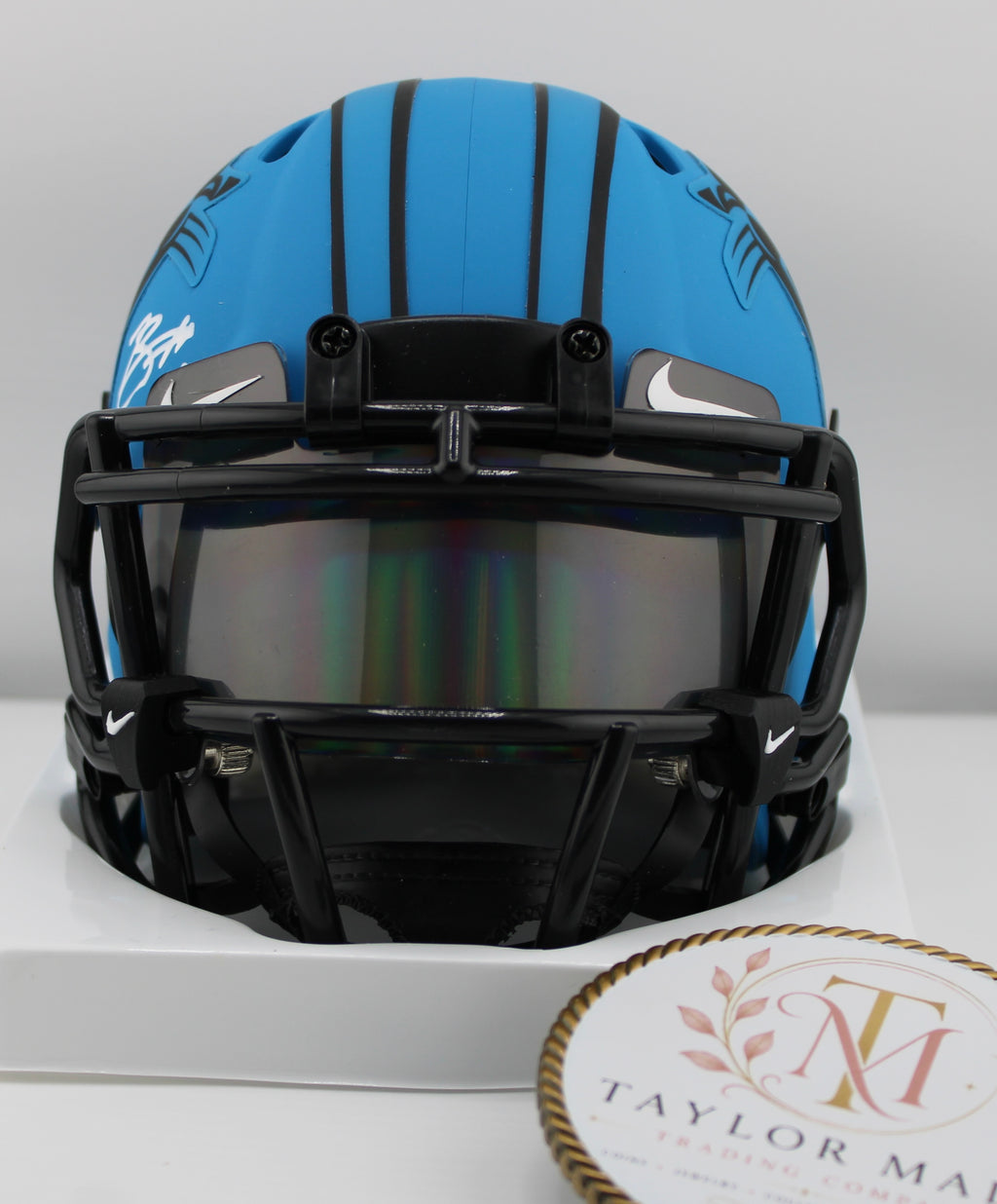 Bryce Young Autographed Carolina Panthers Riddell Speed Eclipse Mini Helmet - Front view with matte black facemask and iridescent smoke visor