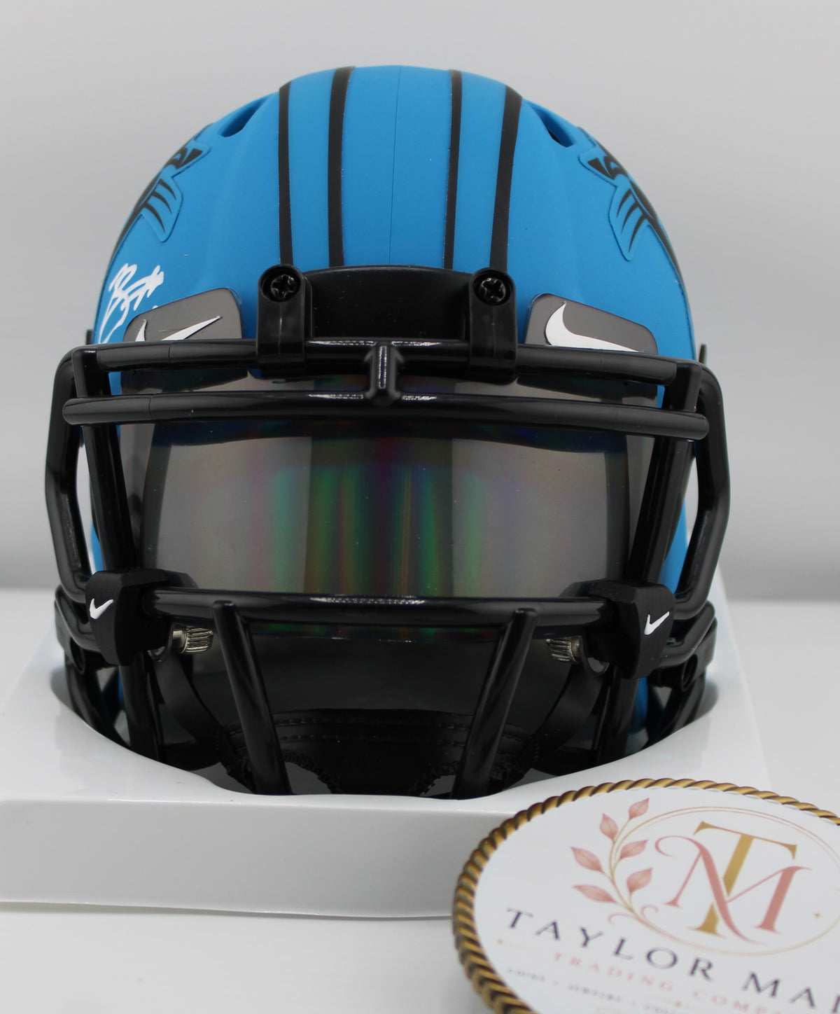 Bryce Young Autographed Carolina Panthers Riddell Speed Eclipse Mini Helmet - Front view with matte black facemask and iridescent smoke visor