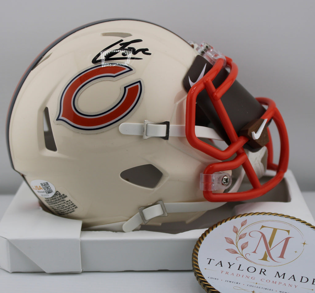 Colston Loveland Autographed Chicago Bears Riddell Speed Throwback Mini Helmet JSA - Left side with black ink autograph and Bears C logo