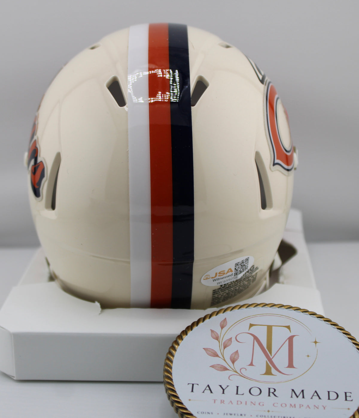 Colston Loveland Autographed Chicago Bears Riddell Speed Throwback Mini Helmet JSA - Back view with orange/navy/white stripe and JSA sticker