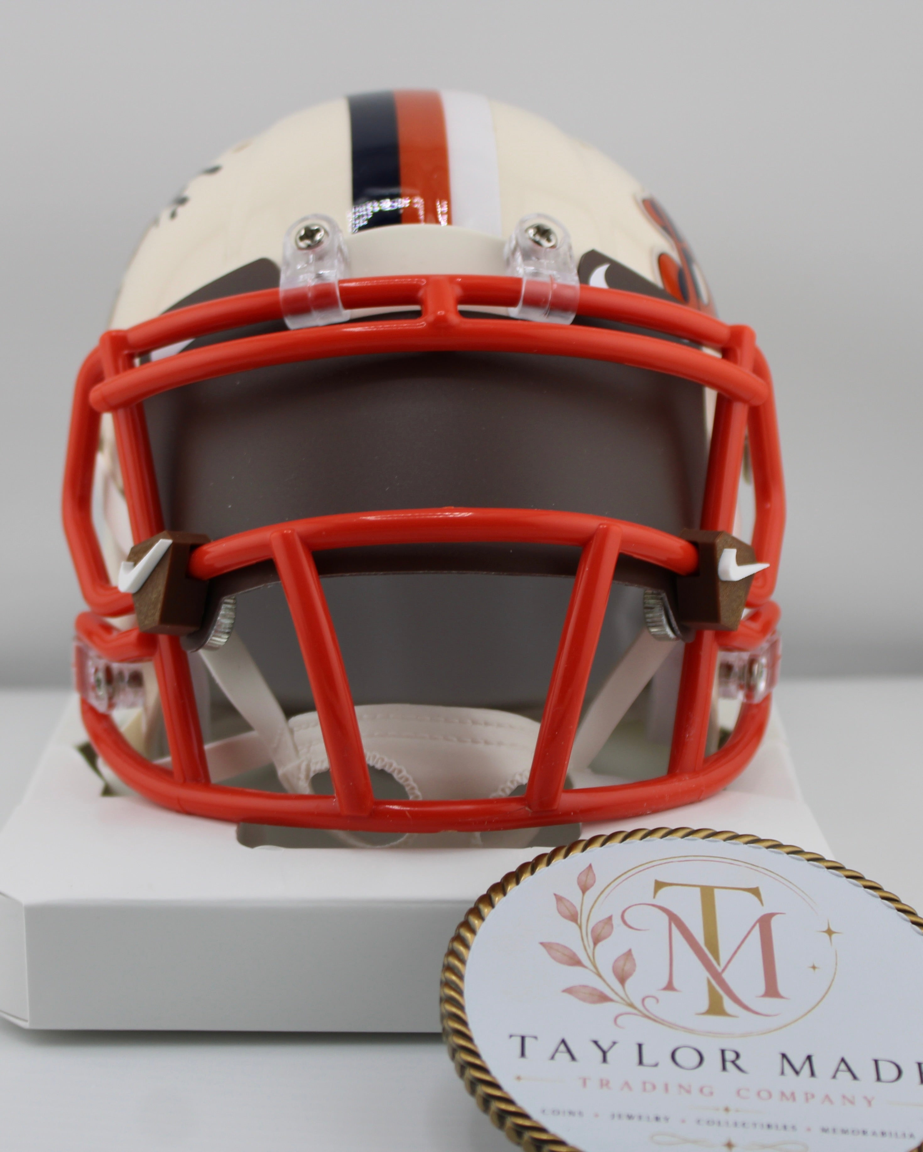 Colston Loveland Autographed Chicago Bears Riddell Speed Throwback Mini Helmet JSA - Front view with orange facemask and smoke visor
