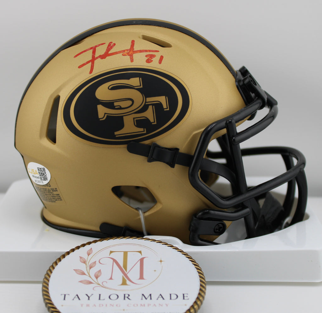 Frank Gore #21 Autographed 49ers Riddell Speed Eclipse Mini Helmet JSA - Left side with red ink autograph and SF logo