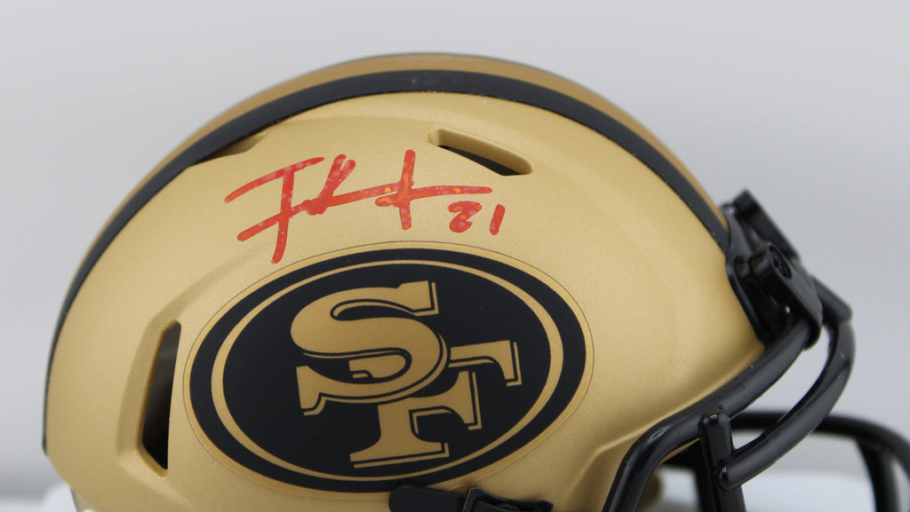 Frank Gore #21 Autographed 49ers Riddell Speed Eclipse Mini Helmet JSA - Close-up of red ink autograph with #21