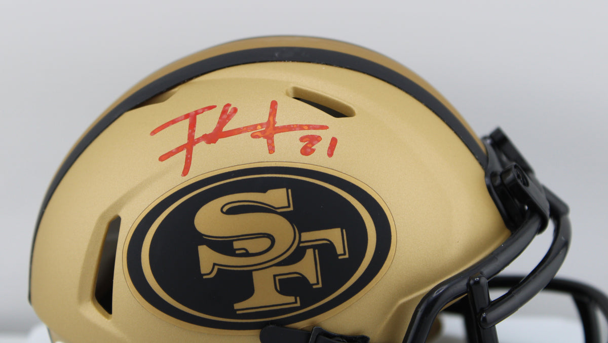Frank Gore #21 Autographed 49ers Riddell Speed Eclipse Mini Helmet JSA - Close-up of red ink autograph with #21